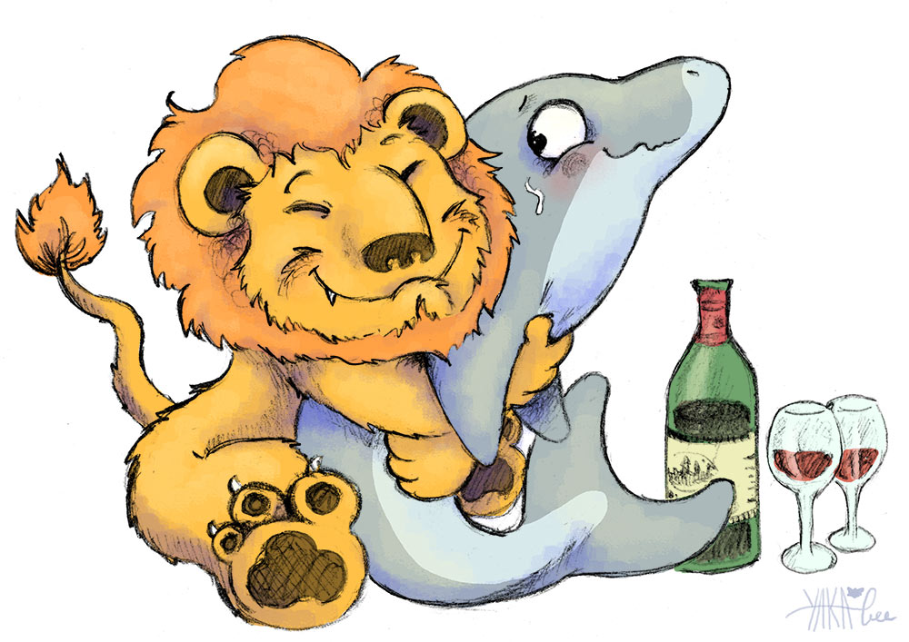 dessin pour le Lion's club en partenariat avec le dauphin pour une dégustation de vin, un lion câline un dauphin. Par yakabee